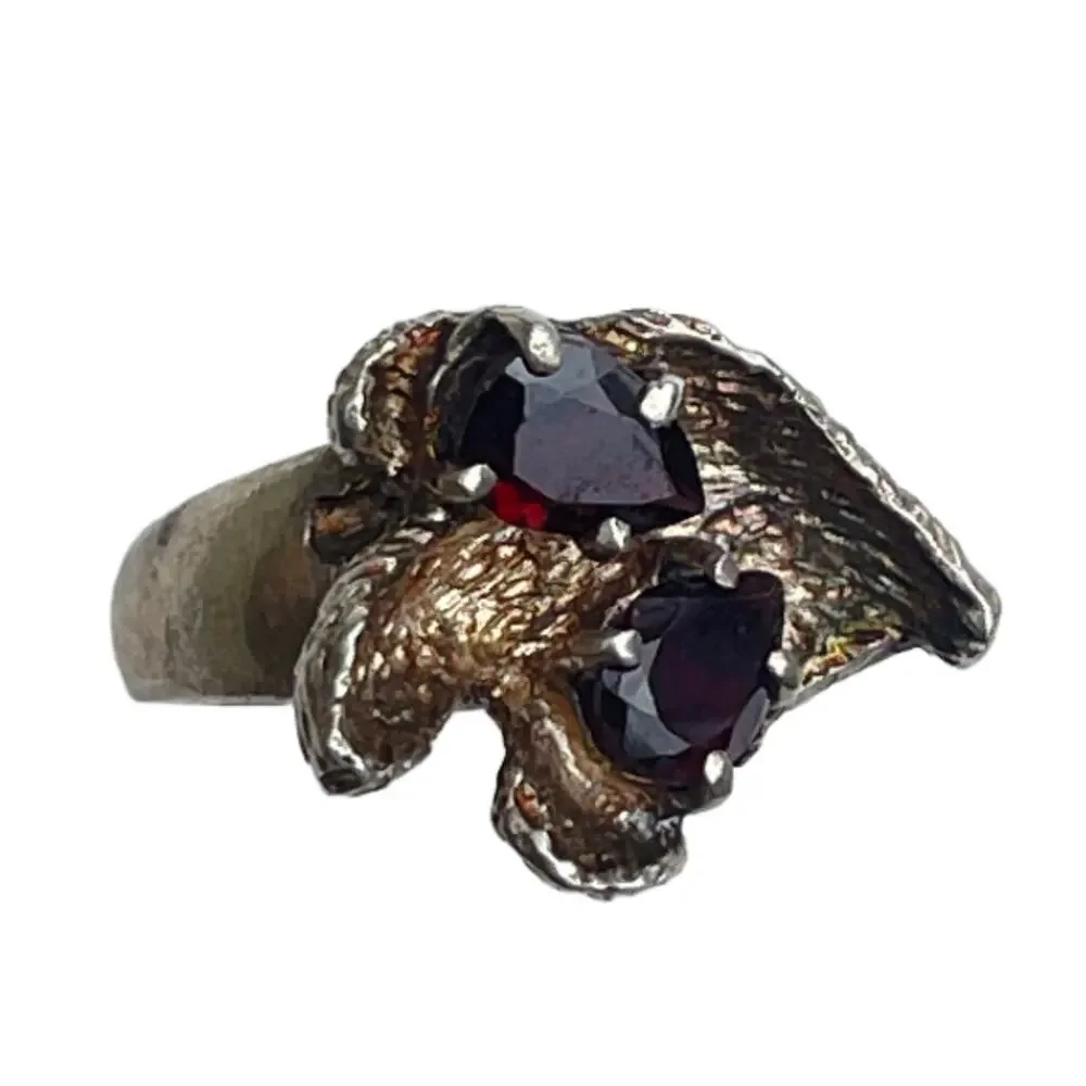 Vintage Brutalist Sterling Silver Garnet Ring - Size 6.5